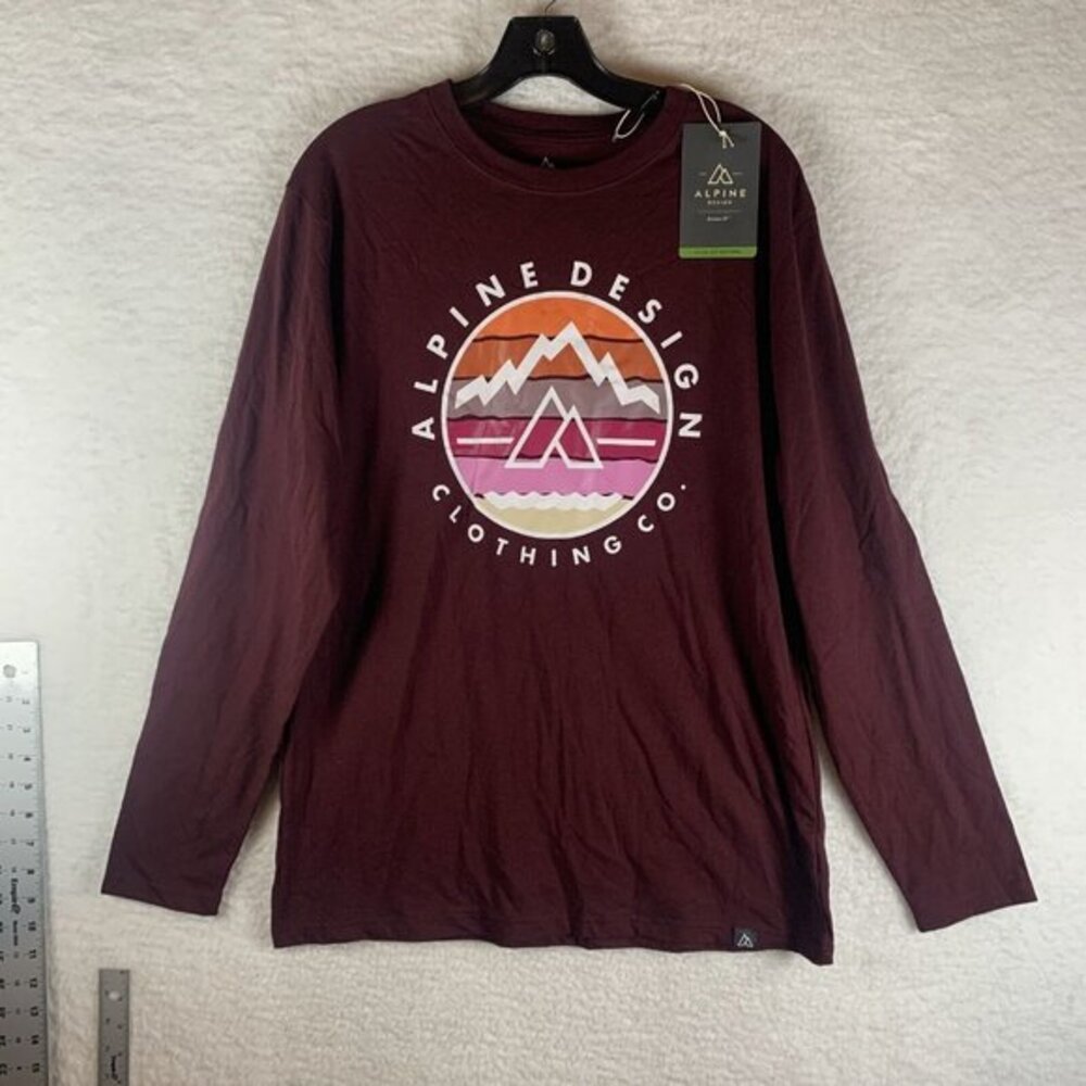 Alpine Design Shirt Men's Medium Burgundy Cotton Crew Neck Long Sleeve‎ 7242